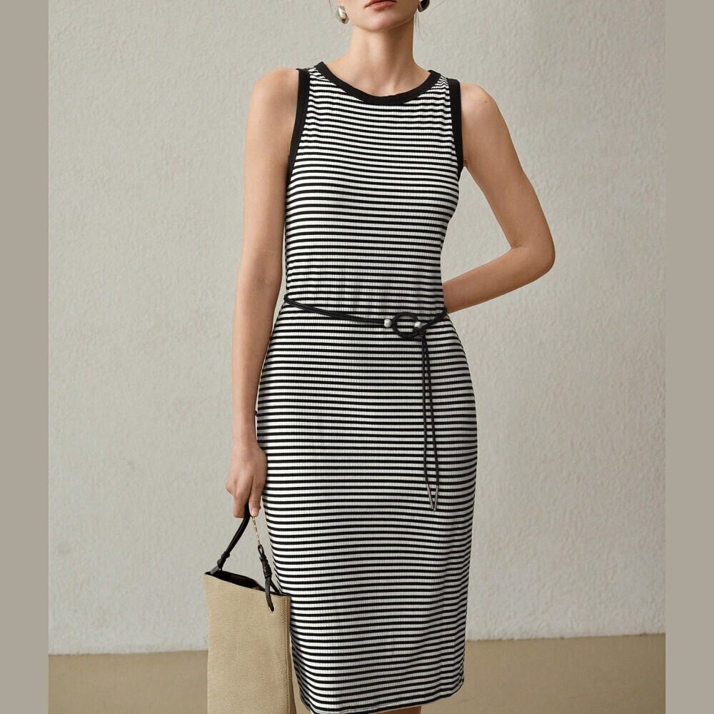 Black White Striped Ribbed Knit Round Neck Sleeveless Midi Dress